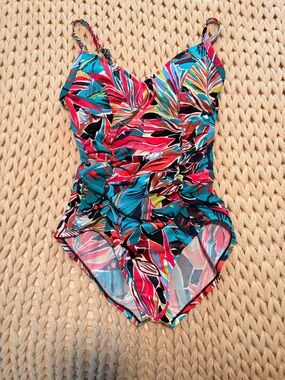 Aqua Green Multicolor Tropical Leaf One-Piece Swimsuit